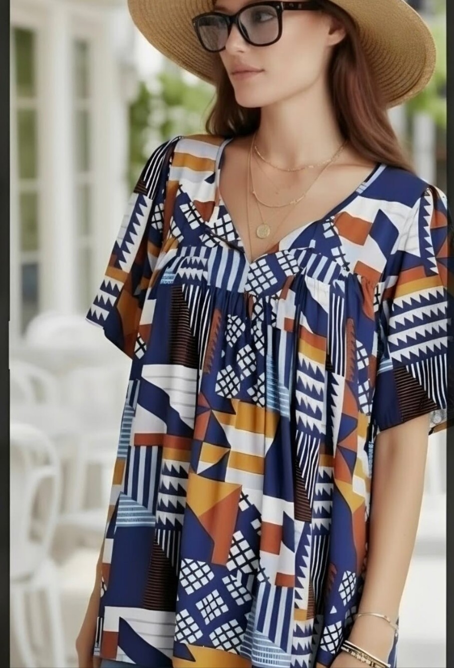 PORRIDGE WOMEN S XS Geometric Print Short Sleeve Blouse in Navy, Mustard & Brown